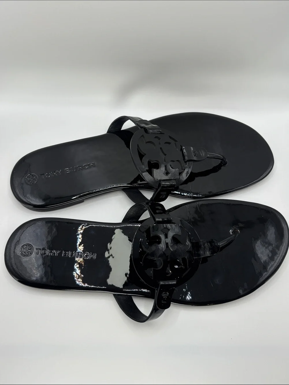 Tory Burch Miller Black Patent Logo Thong Sandals